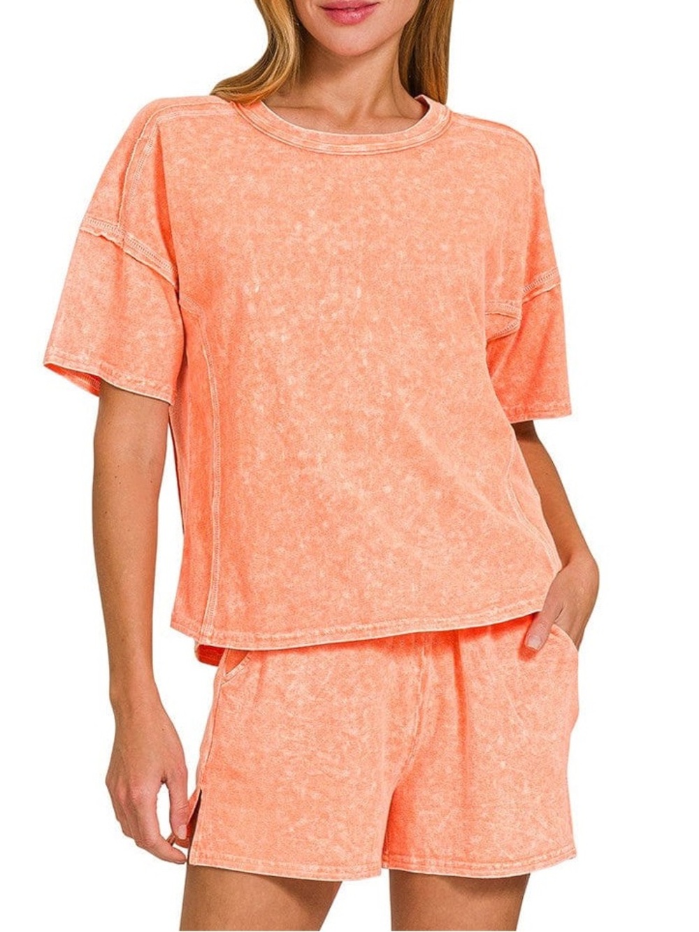 EUC🧡Zenana Halo Snow Washed Short Sleeve Tee & Shorts Set Small Orange